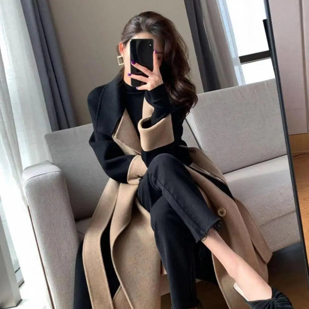 Autumn Winter Women Coat Color Matching Turn-down Collar Double-breasted Mid Length Lady Coat Double-sided Female Overcoat
