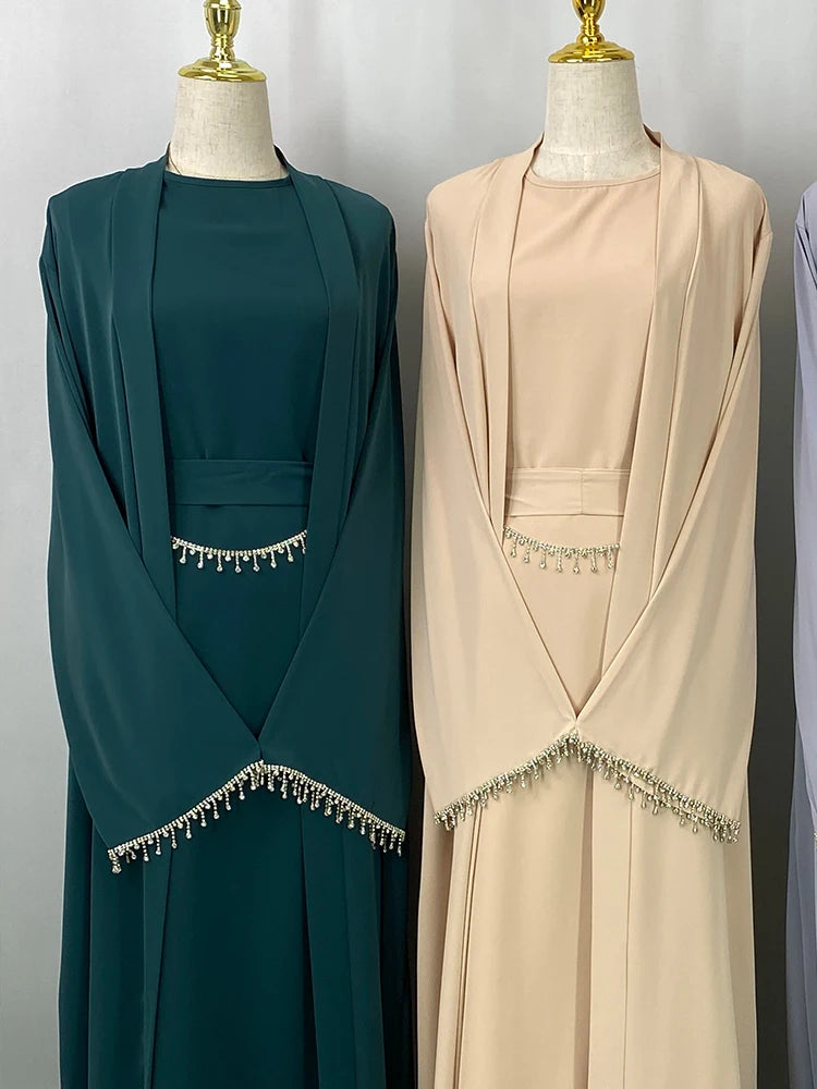 Ramadan Muslim Abaya Nida Black Dress With Crystal chain Elegant Islamic Sets Dubai Long Woman Evening dresses Moroccan Caftan