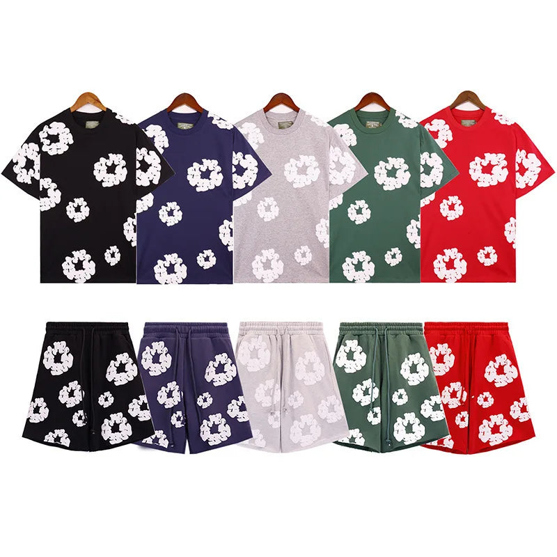 DENIM TEARS New Fashion Men's Women's Same Kapok Foam Printing Short-sleeved T-shirt with Shorts