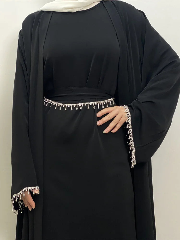 Ramadan Muslim Abaya Nida Black Dress With Crystal chain Elegant Islamic Sets Dubai Long Woman Evening dresses Moroccan Caftan