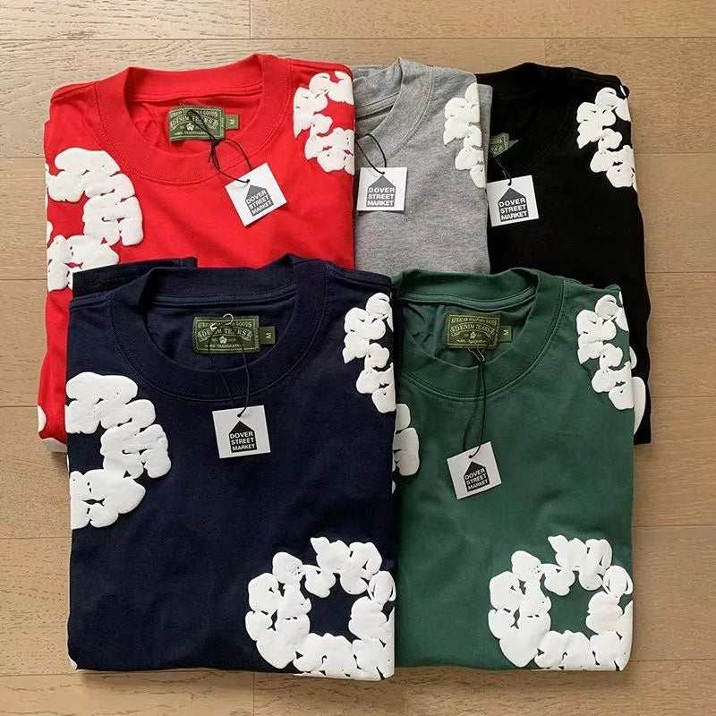 DENIM TEARS New Fashion Men's Women's Same Kapok Foam Printing Short-sleeved T-shirt with Shorts
