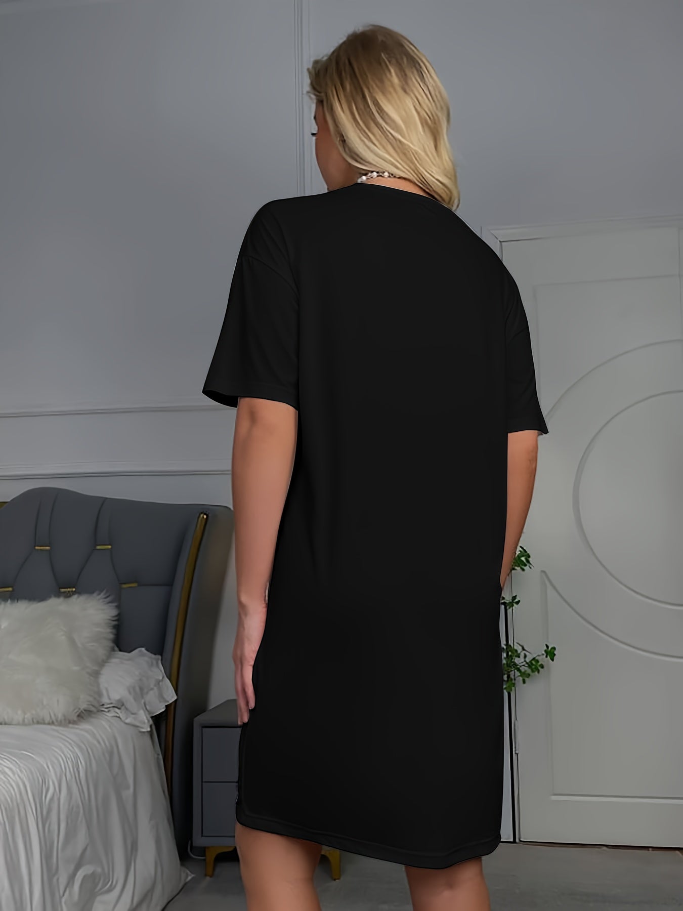 "I Love My Hot Husband" Slogan Print Casual Women'S Short-Sleeve Crew Neck T-Shirt Nightgown - All-Season Polyester Blend Knit Sleepshirt