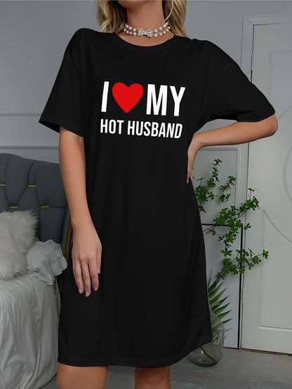 "I Love My Hot Husband" Slogan Print Casual Women'S Short-Sleeve Crew Neck T-Shirt Nightgown - All-Season Polyester Blend Knit Sleepshirt