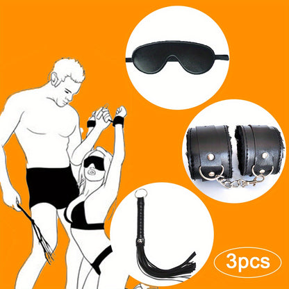 1 Set Black Handcuffs Eye Mask and Whip Fun Set, Black Small Leather Whips, Adult Sex Toys, Leather Plush Eye Masks, SM Training, Punishment Tools
