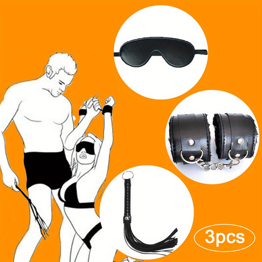 1 Set Black Handcuffs Eye Mask and Whip Fun Set, Black Small Leather Whips, Adult Sex Toys, Leather Plush Eye Masks, SM Training, Punishment Tools