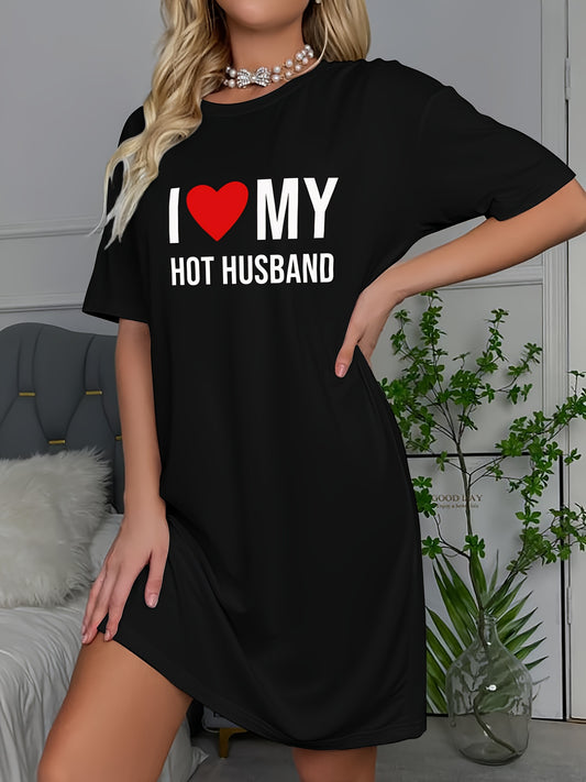 "I Love My Hot Husband" Slogan Print Casual Women'S Short-Sleeve Crew Neck T-Shirt Nightgown - All-Season Polyester Blend Knit Sleepshirt