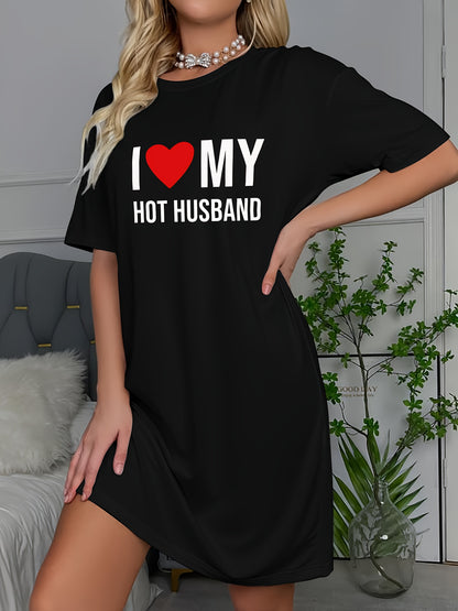 "I Love My Hot Husband" Slogan Print Casual Women'S Short-Sleeve Crew Neck T-Shirt Nightgown - All-Season Polyester Blend Knit Sleepshirt