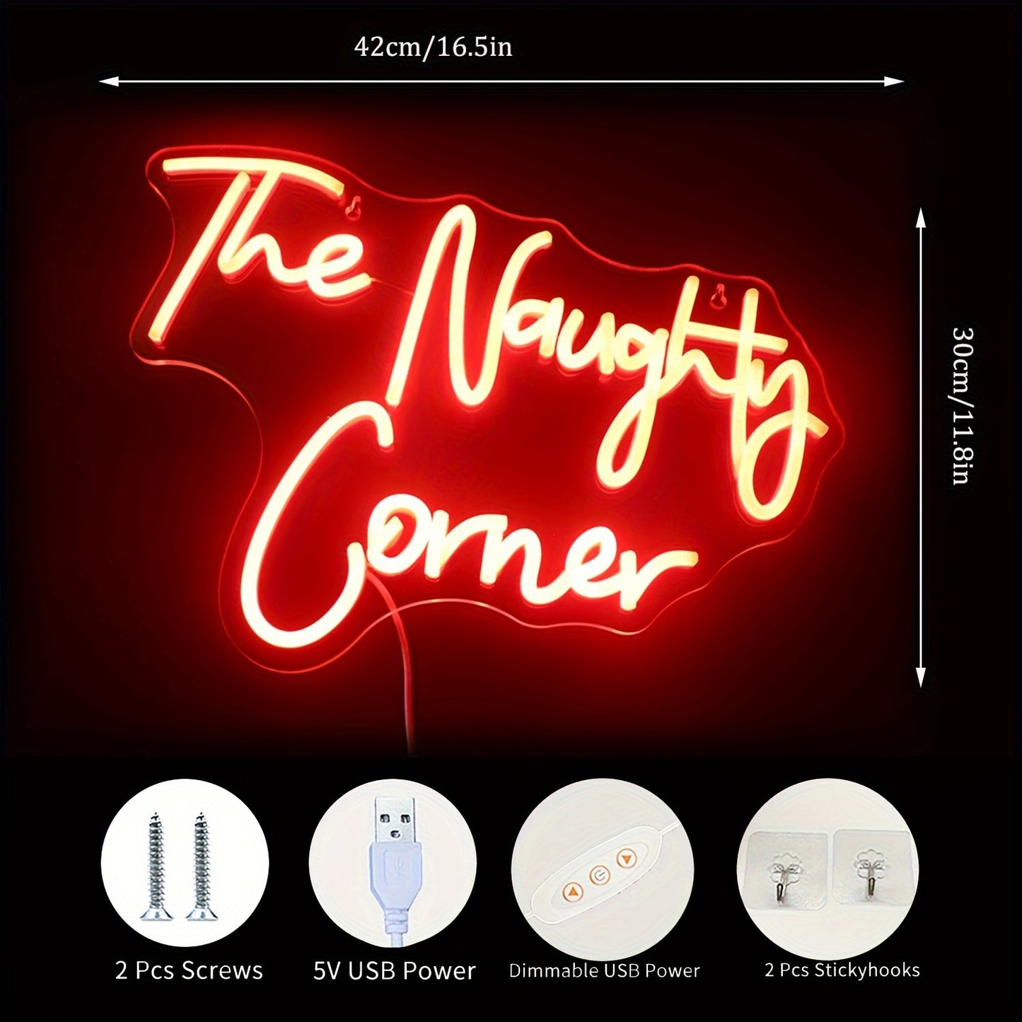 "The Naughty Corner" Neon Sign, Red USB Powered Wall Hanging Light, Plastic Material, Switch Control, Multipurpose Decor for Girls Room, Home, Bar, Party, Living Room, Birthday, Holiday Gift
