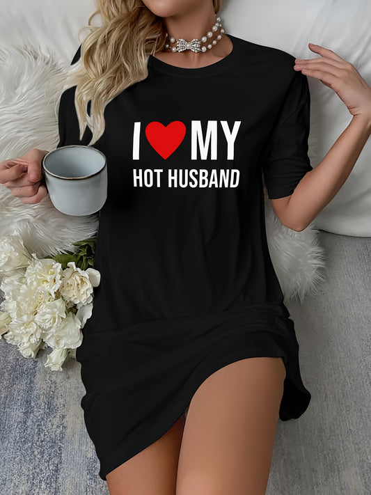 "I Love My Hot Husband" Slogan Print Casual Women'S Short-Sleeve Crew Neck T-Shirt Nightgown - All-Season Polyester Blend Knit Sleepshirt