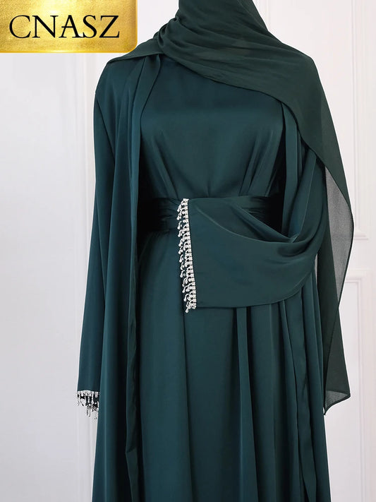 Ramadan Muslim Abaya Nida Black Dress With Crystal chain Elegant Islamic Sets Dubai Long Woman Evening dresses Moroccan Caftan