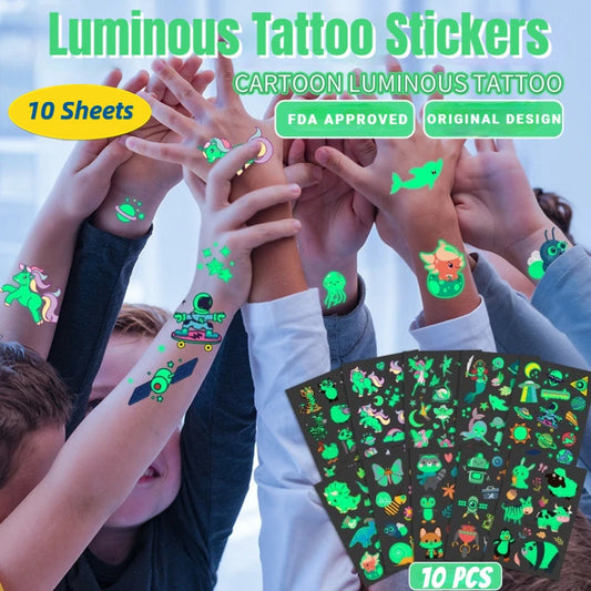 10Sheets Luminous Tattoo Anime Stickers Toys Children Body Art Temporary Fake Tattoos Waterproof Cartoon Unicorn Animal Mermaid