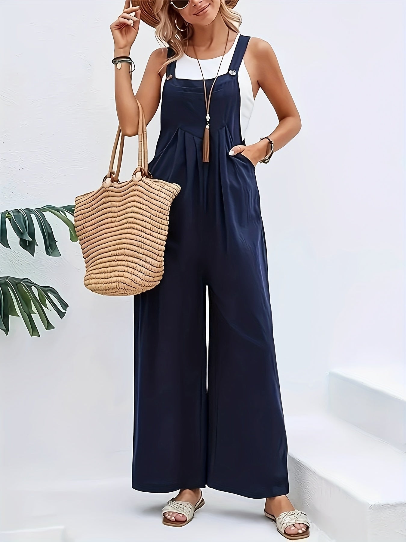 Effortlessly Chic Wide Leg Jumpsuit - Loose Fit With Pockets, Perfect For Summer & Spring, Stylish Womens Clothing For Casual Everyday Style