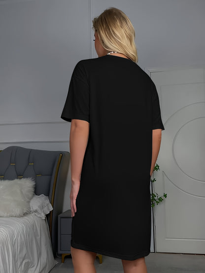 "I Love My Hot Husband" Slogan Print Casual Women'S Short-Sleeve Crew Neck T-Shirt Nightgown - All-Season Polyester Blend Knit Sleepshirt
