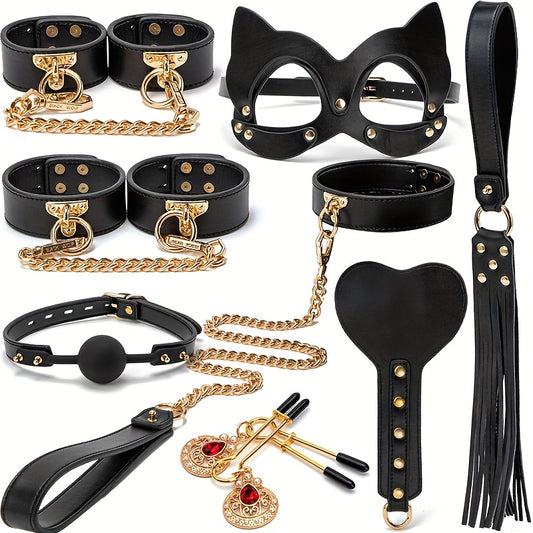 10pcs BDSM Leather Cat Ear Mask Set, Sexy PU Punk Nipple Clips, Wrist Cuffs, Collar, Lead Rope, Fringe Whip, Mouth Ball - Exciting Love Play Accessories, Perfect Valentine'S Day Gift